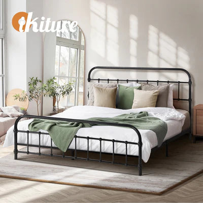 MBF-E-CAS-Q-BK Oikiture Metal Bed Frame Queen Size Bed Base Platform