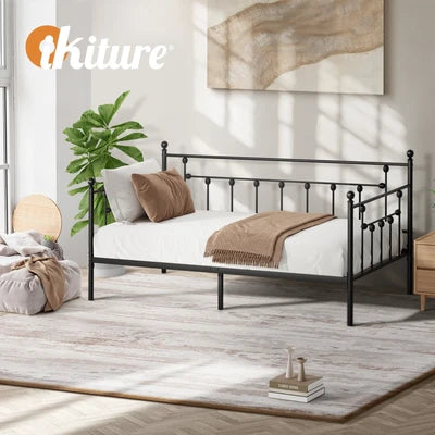 MBF-DB-WHIZZ-BK Oikiture Metal Daybed Frame Single Size Steel Slat Support Sofa Bed Black