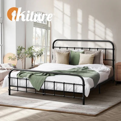 MBF-E-CAS-D-BK Oikiture Metal Bed Frame Double Size Bed Base Platform