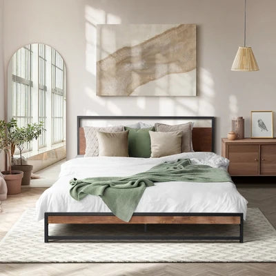 MBF-E-MODERN-D-BK Oikiture Metal Bed Frame Double Size Beds Base Platform Wood