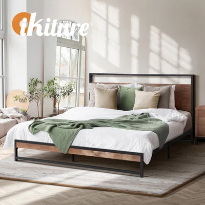 MBF-E-MODERN-D-BK Oikiture Metal Bed Frame Double Size Beds Base Platform Wood