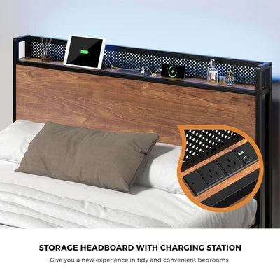 MBF-E-GAEL-Q-BK-AB Oikiture Metal Bed Frame Queen Size LED Light USB Charge Storage Headboard
