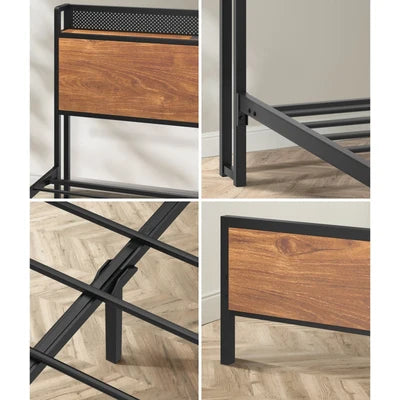 MBF-E-GAEL-Q-BK-AB Oikiture Metal Bed Frame Queen Size LED Light USB Charge Storage Headboard