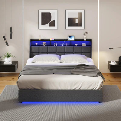 MBF-LYSA-K-GY Oikiture King Size Bed Frame With LED Storage Headboard USB Charging
