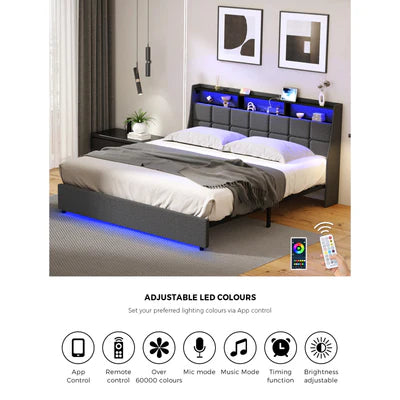 MBF-LYSA-K-GY Oikiture King Size Bed Frame With LED Storage Headboard USB Charging