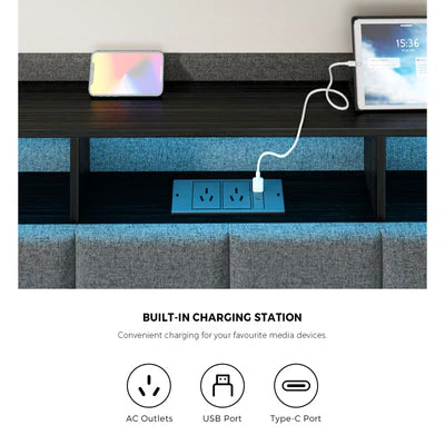 MBF-LYSA-K-GY Oikiture King Size Bed Frame With LED Storage Headboard USB Charging