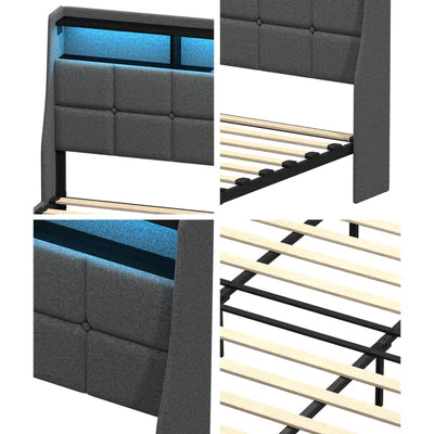 MBF-LYSA-K-GY Oikiture King Size Bed Frame With LED Storage Headboard USB Charging
