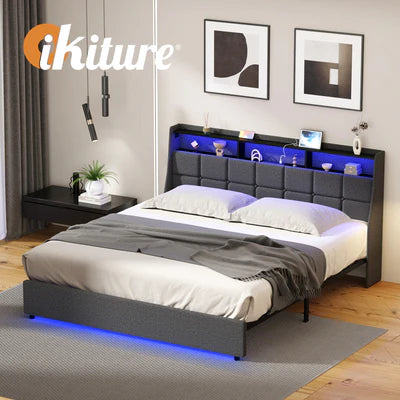 MBF-LYSA-K-GY Oikiture King Size Bed Frame With LED Storage Headboard USB Charging