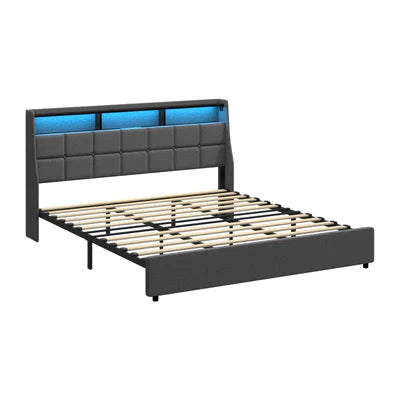 MBF-LYSA-K-GY Oikiture King Size Bed Frame With LED Storage Headboard USB Charging