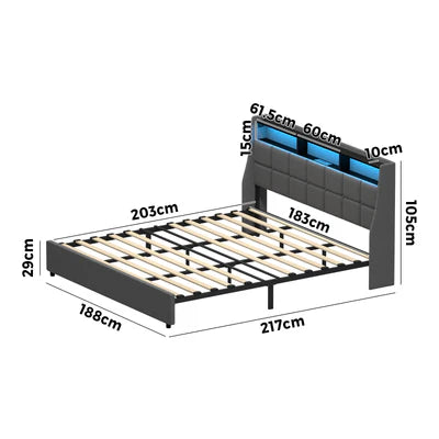 MBF-LYSA-K-GY Oikiture King Size Bed Frame With LED Storage Headboard USB Charging
