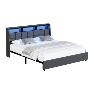 MBF-LYSA-K-GY Oikiture King Size Bed Frame With LED Storage Headboard USB Charging