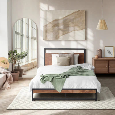MBF-E-MODERN-S-BK Oikiture Metal Bed Frame Single Size Beds Base Platform Wood