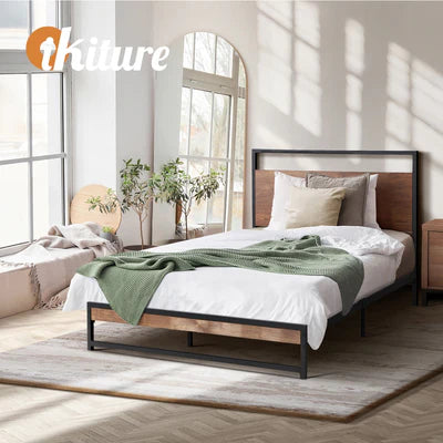 MBF-E-MODERN-S-BK Oikiture Metal Bed Frame Single Size Beds Base Platform Wood