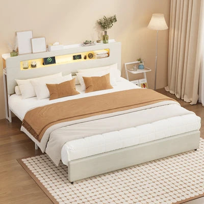 MBF-MONA-K-WH Oikiture Bed Frame King Size with LED Lights USB Charging Storage Headboad