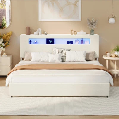 MBF-MONA-K-WH Oikiture Bed Frame King Size with LED Lights USB Charging Storage Headboad