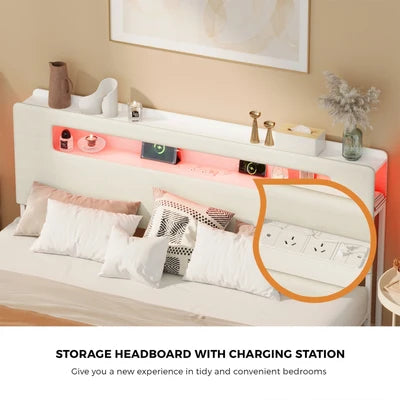 MBF-MONA-K-WH Oikiture Bed Frame King Size with LED Lights USB Charging Storage Headboad