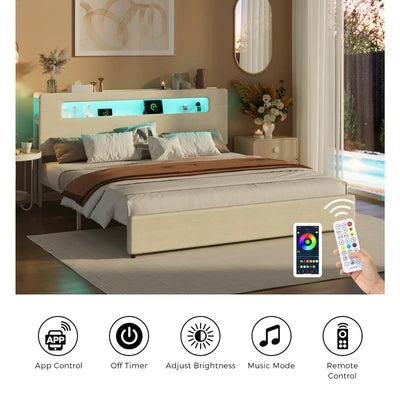 MBF-MONA-K-WH Oikiture Bed Frame King Size with LED Lights USB Charging Storage Headboad