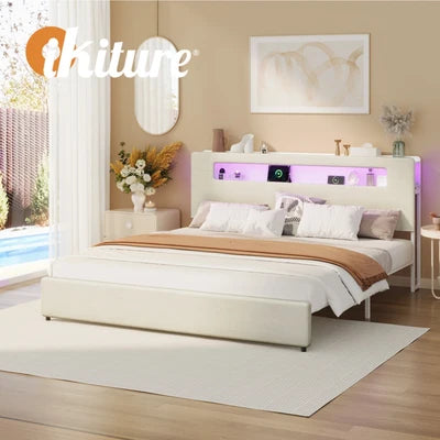 MBF-MONA-K-WH Oikiture Bed Frame King Size with LED Lights USB Charging Storage Headboad