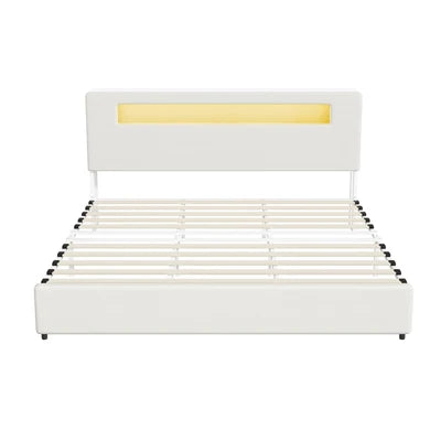 MBF-MONA-K-WH Oikiture Bed Frame King Size with LED Lights USB Charging Storage Headboad