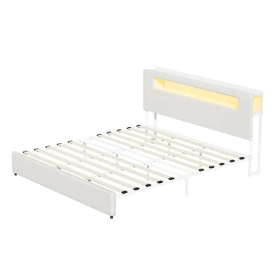 MBF-MONA-K-WH Oikiture Bed Frame King Size with LED Lights USB Charging Storage Headboad