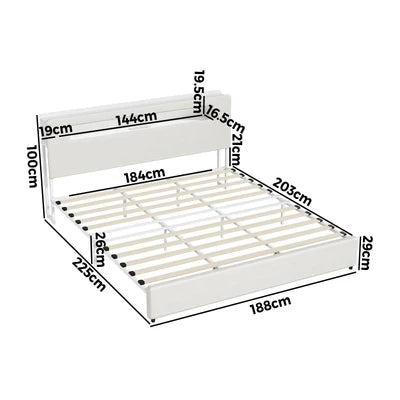MBF-MONA-K-WH Oikiture Bed Frame King Size with LED Lights USB Charging Storage Headboad