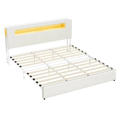 MBF-MONA-K-WH Oikiture Bed Frame King Size with LED Lights USB Charging Storage Headboad