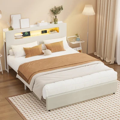 MBF-MONA-Q-WH Oikiture Bed Frame Queen Size with LED Lights USB Charging Storage Headboad