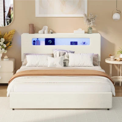 MBF-MONA-Q-WH Oikiture Bed Frame Queen Size with LED Lights USB Charging Storage Headboad