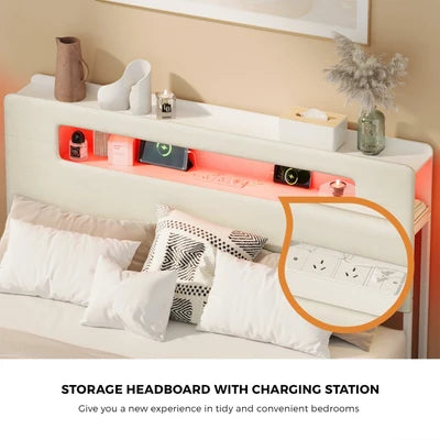 MBF-MONA-Q-WH Oikiture Bed Frame Queen Size with LED Lights USB Charging Storage Headboad
