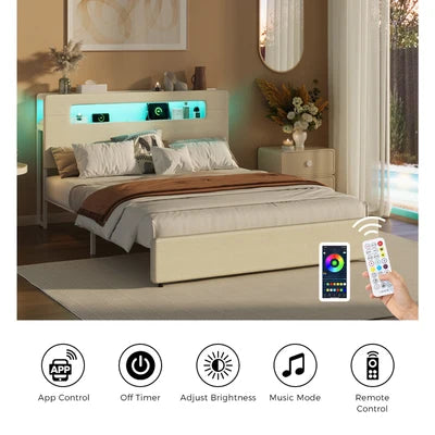 MBF-MONA-Q-WH Oikiture Bed Frame Queen Size with LED Lights USB Charging Storage Headboad