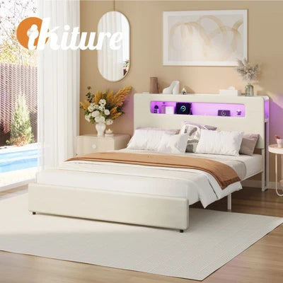 MBF-MONA-Q-WH Oikiture Bed Frame Queen Size with LED Lights USB Charging Storage Headboad