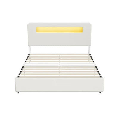 MBF-MONA-Q-WH Oikiture Bed Frame Queen Size with LED Lights USB Charging Storage Headboad