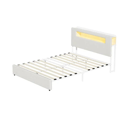 MBF-MONA-Q-WH Oikiture Bed Frame Queen Size with LED Lights USB Charging Storage Headboad