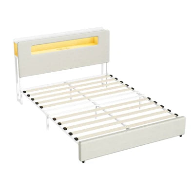 MBF-MONA-Q-WH Oikiture Bed Frame Queen Size with LED Lights USB Charging Storage Headboad