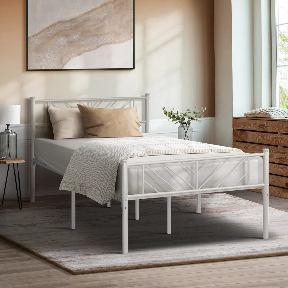 MBF-SIS-KS-WH Oikiture Metal Bed Frame King Single Size Metal Base Mattress Platform White