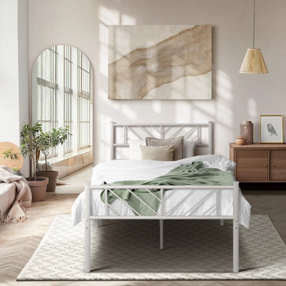 MBF-SIS-KS-WH Oikiture Metal Bed Frame King Single Size Metal Base Mattress Platform White