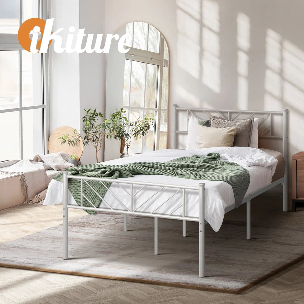 MBF-SIS-KS-WH Oikiture Metal Bed Frame King Single Size Metal Base Mattress Platform White