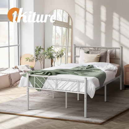 MBF-SIS-KS-WH Oikiture Metal Bed Frame King Single Size Metal Base Mattress Platform White