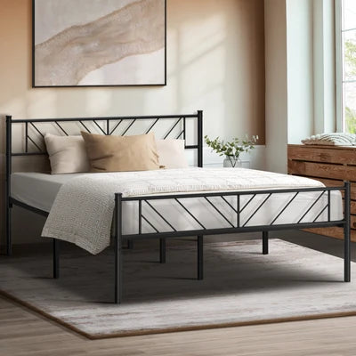 MBF-B-SIS-Q-BK Oikiture Metal Bed Frame Queen Size Bed Base Platform Black SIS