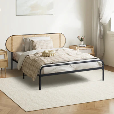 MBF-VINY-S-BK Oikiture Bed Frame Single Size Metal Base Platform with Rattan Headboard