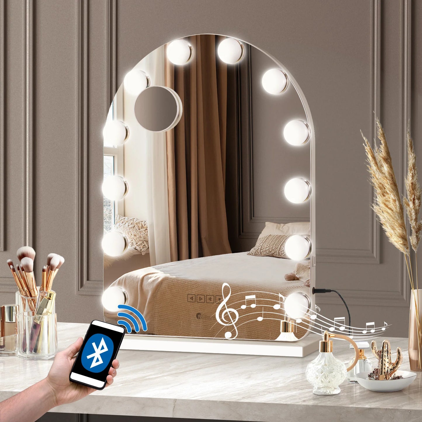 MM-6143ARH-4TR-WH Oikiture LED Arched Makeup Mirror Bluetooth Hollywood 61x43cm Vanity Wall Mirror
