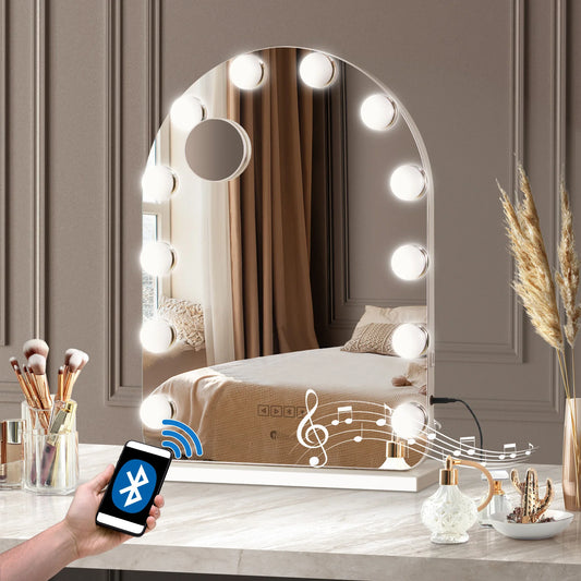 MM-6143ARH-4TR-WH Oikiture LED Arched Makeup Mirror Bluetooth Hollywood 61x43cm Vanity Wall Mirror