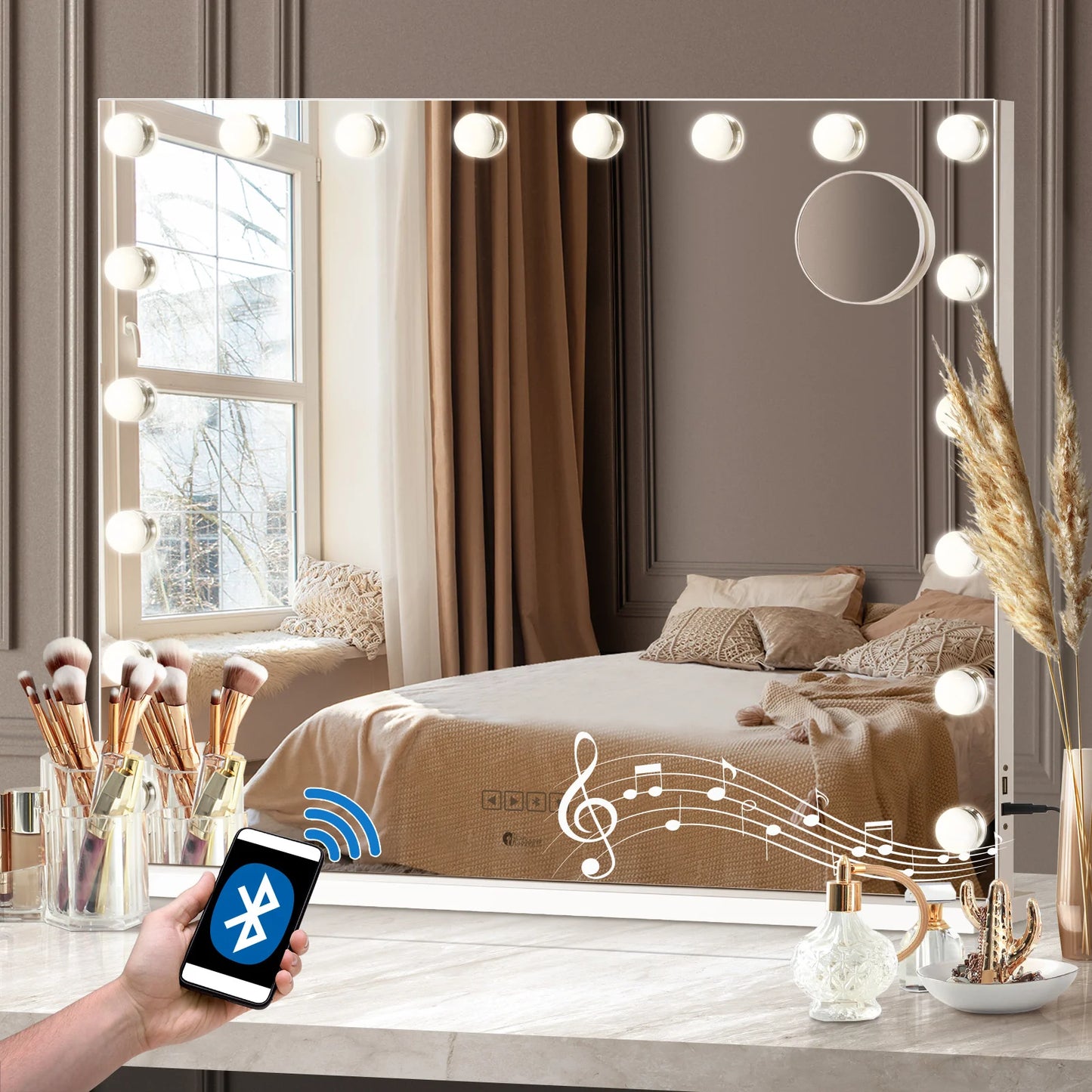 MM-8058BT-4CTR-WH Bluetooth Hollywood Makeup Mirrors with LED Light 80x58cm Vanity Mirror