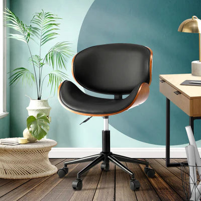 OCH-AIC-LAC-BK Oikiture Wooden Office Chair Computer Chairs Executive Bentwood Seat PU Leather