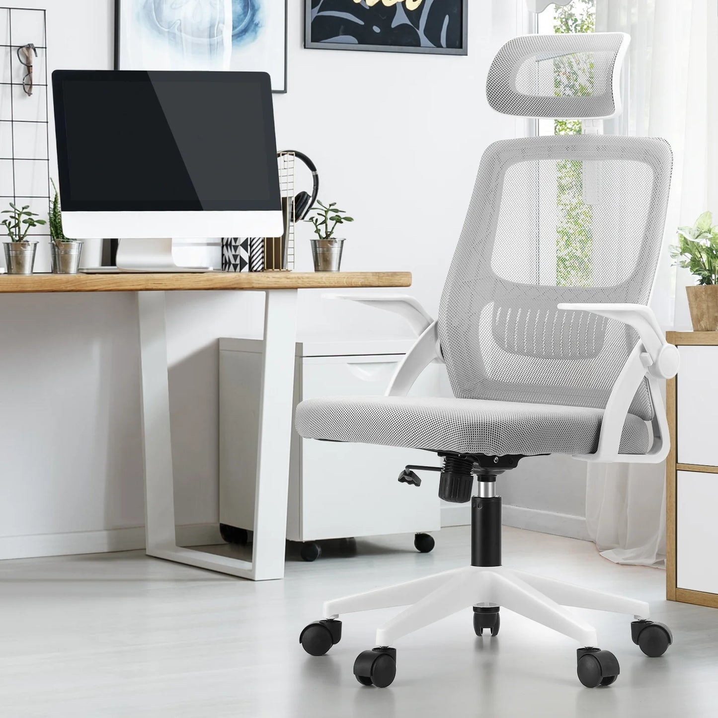 OCH-B3-MESH-WH Oikiture Mesh Office Chair Fabric Seat White