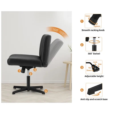 OCH-CROSS-LEA-BK Oikiture Mid Back Armless Office Desk Chair Wide Seat PU Leather Black