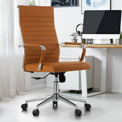OCH-EPAD-LEA-BR Oikiture Office Chair Executive Swivel Desk Chair High Back Leather Brown
