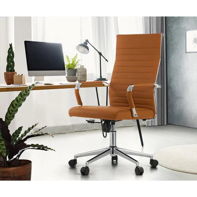 OCH-EPAD-LEA-BR Oikiture Office Chair Executive Swivel Desk Chair High Back Leather Brown