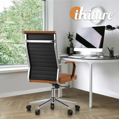 OCH-EPAD-LEA-BR Oikiture Office Chair Executive Swivel Desk Chair High Back Leather Brown