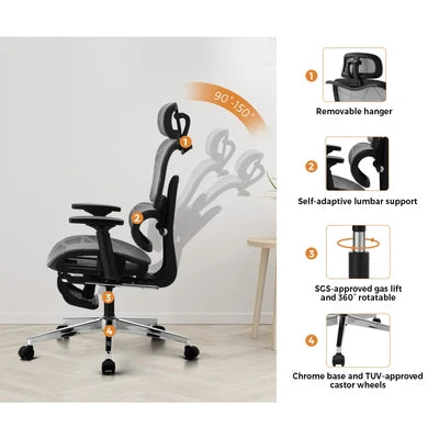 OCH-F-ERG-FOOT-BKGY Oikiture Ergonomic Office Chair Mesh Executive Seat Computer Chairs BK&GY
